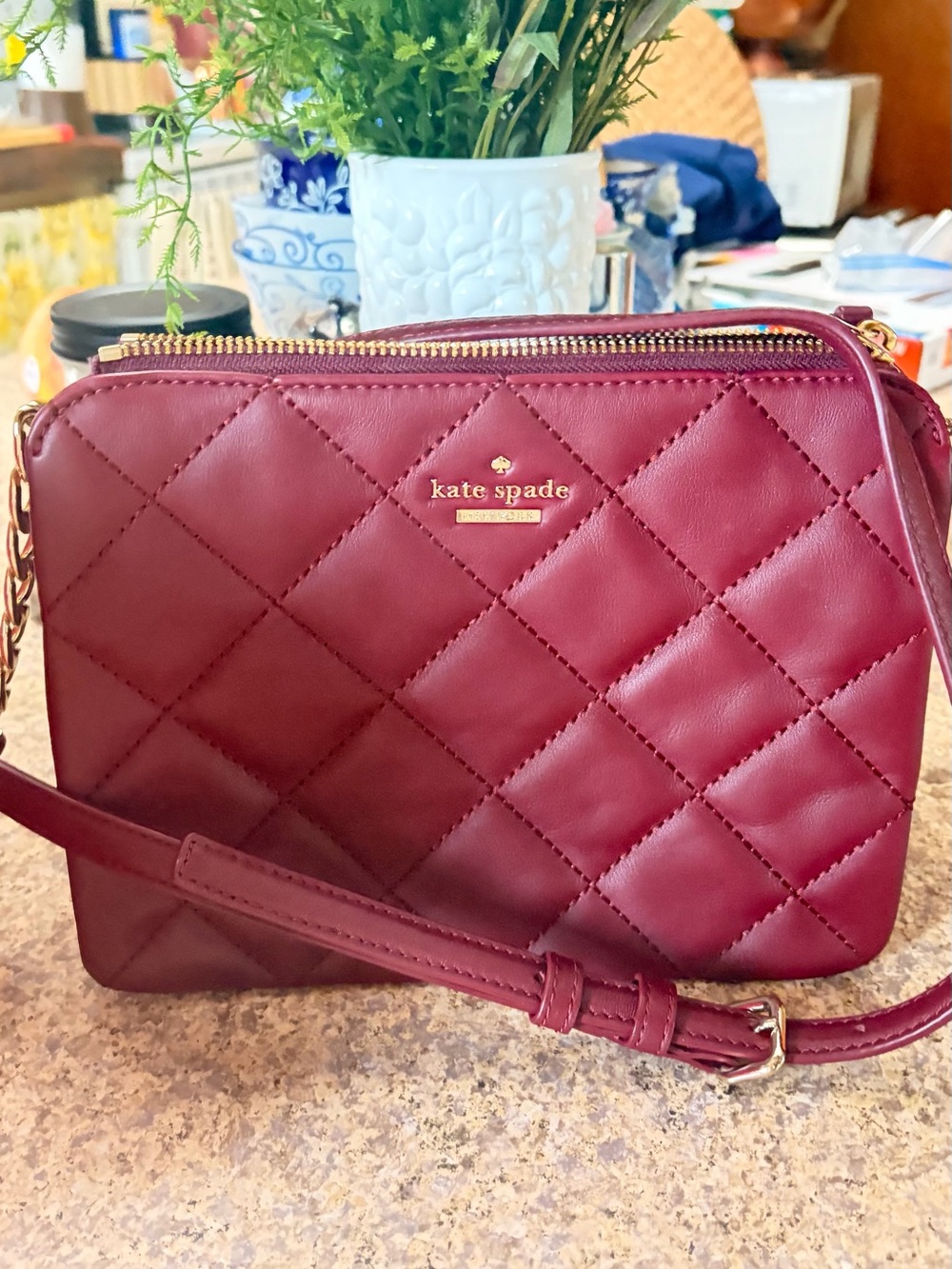 kate spade Quilted Crossbody Bag in Wine Red with Gold Hardware